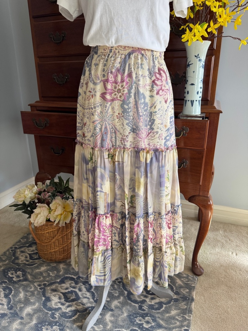 CAbi Silk Tiered Peasant Boho Maxi Skirt Size Small #237 - Picture 2 of 8